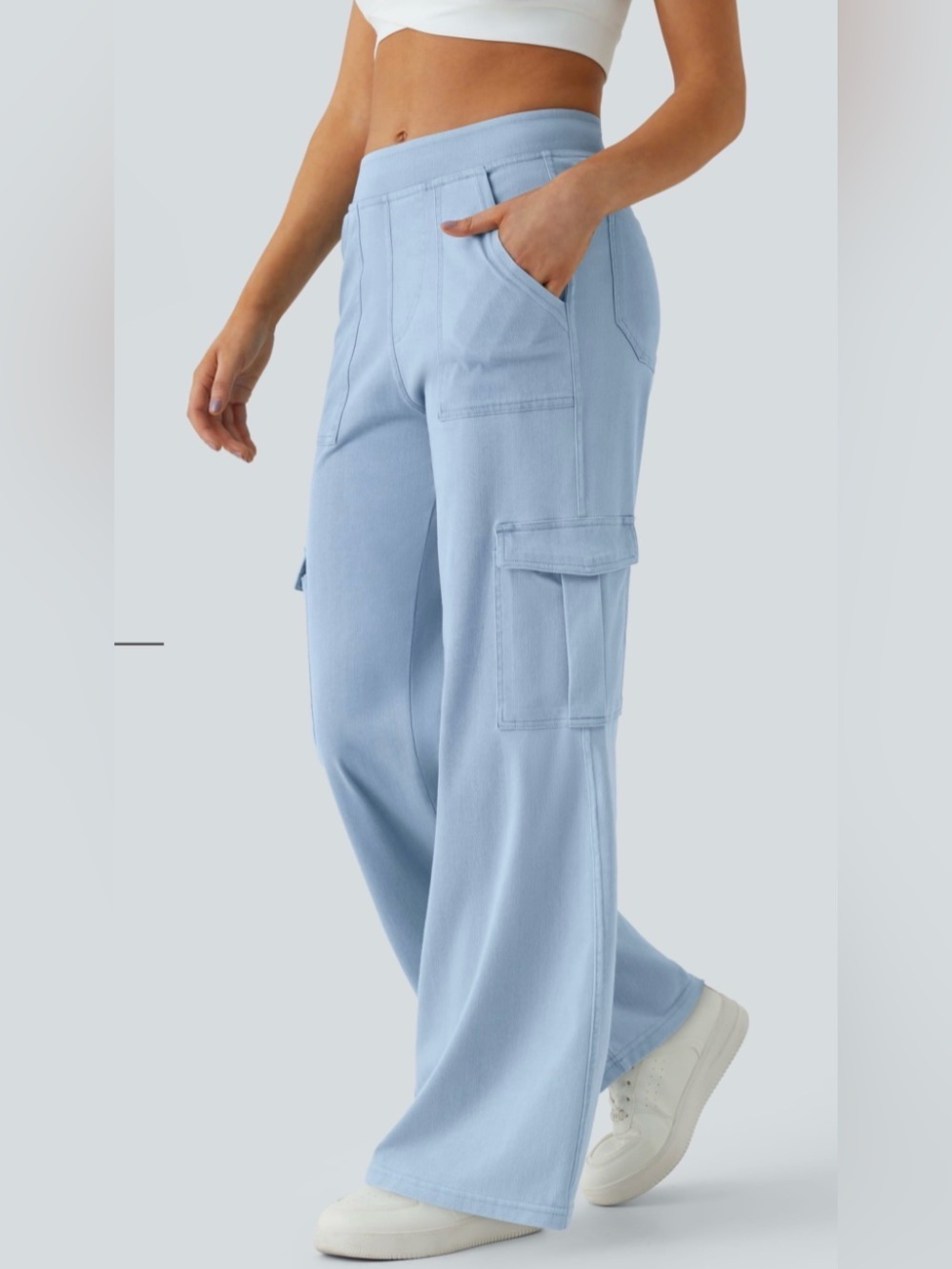 Halara Light Blue Cargo Wide Leg Pants Size Small High Waisted Stretch